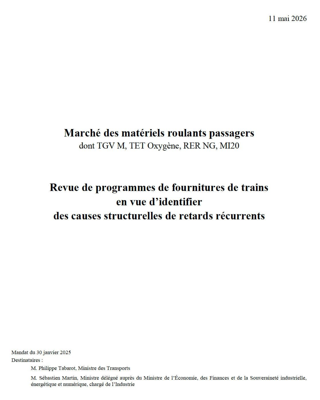 Synthèse du rapport sur les causes structurelles des retards de livraison de trains industrie ferroviaire Synthèse du rapport sur les causes structurelles des retards de livraison de trains industrie ferroviaire